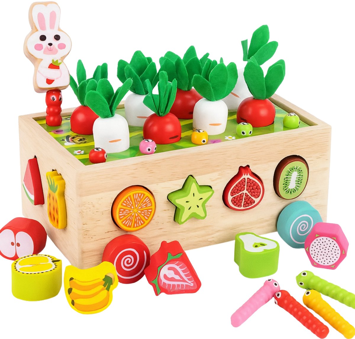 Montessori Houten Speelgoed Peuters | 7-in-1 Sorteer- & Stapelspel met Wortels Oogsten, Fruit Sorteren, Magnetische Wormen & Konijn | Verf op Waterbasis Getest | Educatief en Leerzaam Cadeau | Vanaf 3 jaar